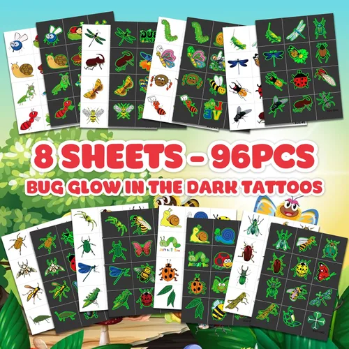 Miniatura 3 de 96 tatuajes temporales que brillan en la oscuridad para niños, calcomanías luminosas de insectos para niños y niñas, recuerdos de fiesta