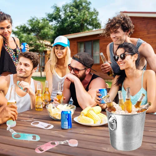 Miniatura 6 de 6 abrebotellas plano, mini abrebotellas retráctiles de acero inoxidable con insignia redonda, abrebotellas de cerveza plano con clip para cinturón