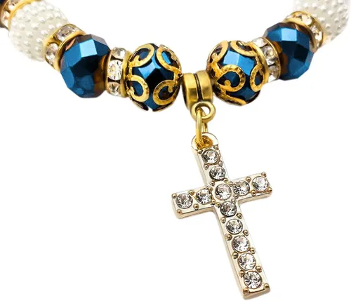 Miniatura 4 de Pulsera elástica ajustable con cuentas de cristal azul profundo y cruz cristalizada católica