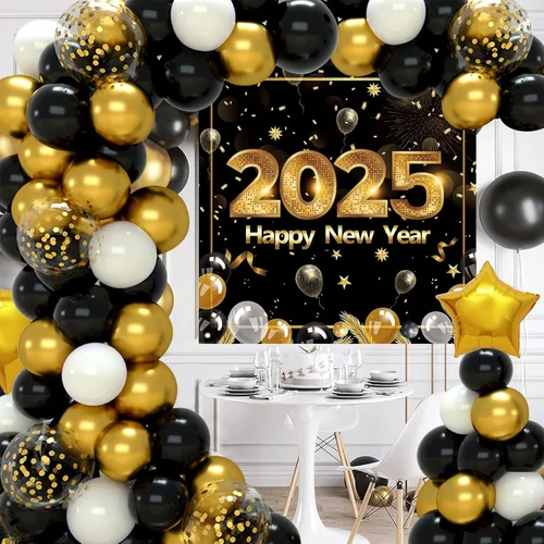 Miniatura 5 de Suministros para fiesta de Año Nuevo 2025, decoraciones de Año Nuevo, globos de confeti negro y dorado, kit de arco de guirnalda de globos de feliz