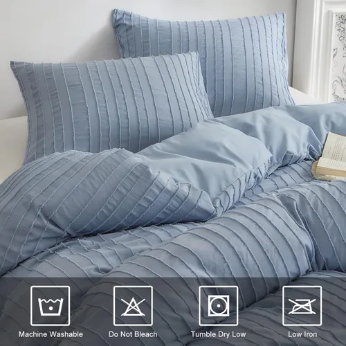Miniatura 7 de WARMDERN Juego de funda de edredón a rayas azules, ropa de cama con textura bohemia acolchada con mechones, 2 piezas tamaño Twin de microfibra