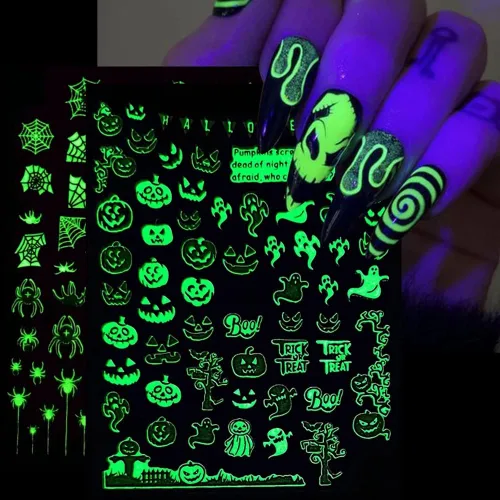 Miniatura 8 de Calcomanías de uñas de Halloween, que brillan en la oscuridad, calcomanías de uñas luminosas 3D, autoadhesivas, calabaza, calavera, murciélago