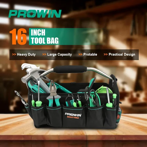 Miniatura 6 de Prowin Organizador de herramientas multibolsillo de 16 pulgadas con parte inferior impermeable de plástico, plegable, resistente, bolsa