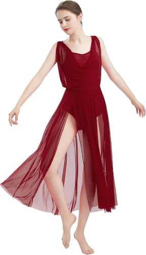 Miniatura 3 de ODASDO Disfraz de baile contemporáneo lírico para mujer con cuello en V espalda descubierta falda de tul dividida vestido superpuesto fluido