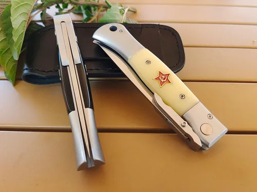 Miniatura 3 de Russian Finka-NKVD KGB - Cuchillo de bolsillo plegable, hoja de acero pulido de espejo de 3.74 pulgadas, mango de resina con incrustaciones