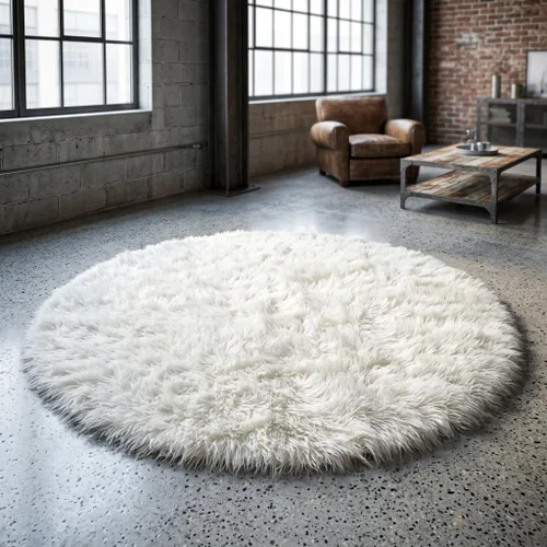 Miniatura 2 de Alfombra flokati redonda clásica de 5 pies. Pelo suave y esponjoso de 3.5 pulgadas. 100% lana natural. Alfombra moderna de color blanco roto lanudo