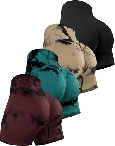 Miniatura 30 de CHRLEISURE Pantalones Cortos de Entrenamiento para Mujer, 4 Paquetes, Cintura Alta, Levantamiento de Glúteos con Fruncido, Pantalones Cortos Booty
