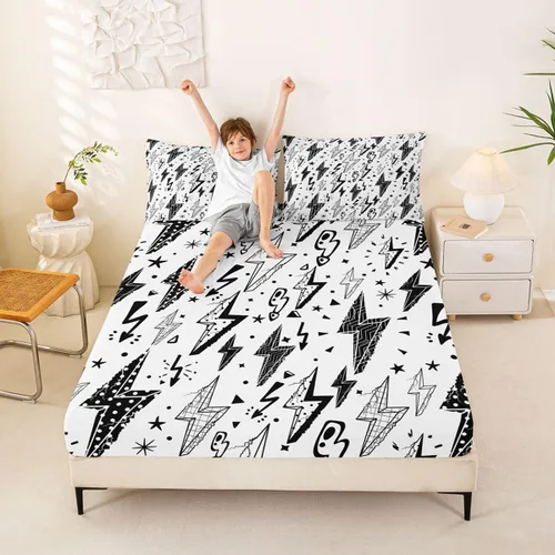 Miniatura 2 de Juego de sábanas bajeras para juegos tamaño individual, juego de ropa de cama con grafiti Lightning Strike para niños, adolescentes, decoración