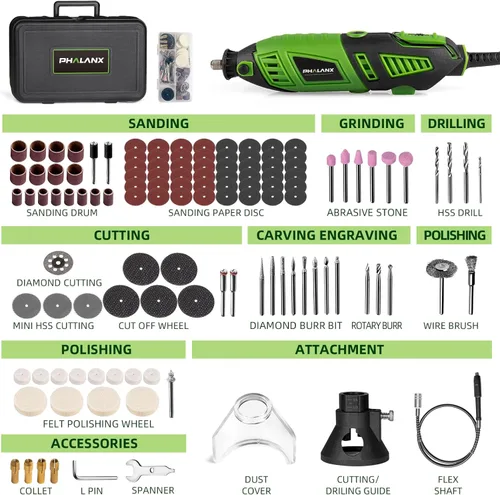 Miniatura 2 de Kit de herramientas rotativas de 180 W, PHALANX de 1.5 amperios de 6 velocidades variables con eje flexible, multiherramienta de 8000 a 32000 RPM