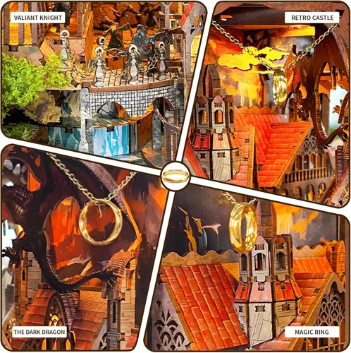 Miniatura 6 de Kit de rincón de libros con luces LED, casa de muñecas en miniatura 3D, rompecabezas de madera para adultos, decoración de sujetalibros, ideal