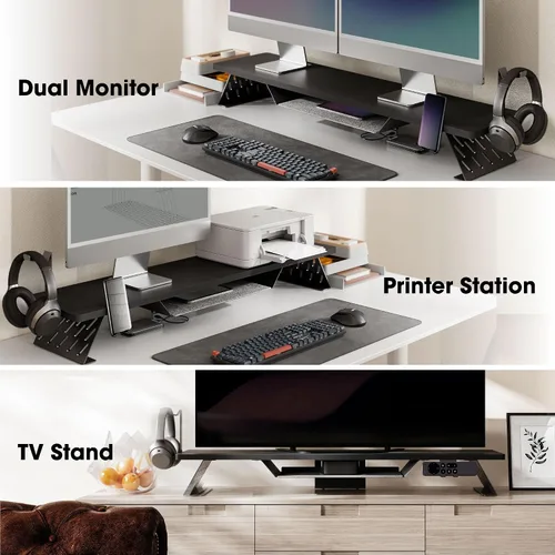 Miniatura 8 de Fenge Soporte de monitor doble, elevador de monitor de 42.5 pulgadas para escritorio, estante de escritorio de madera para 2 monitores, estante