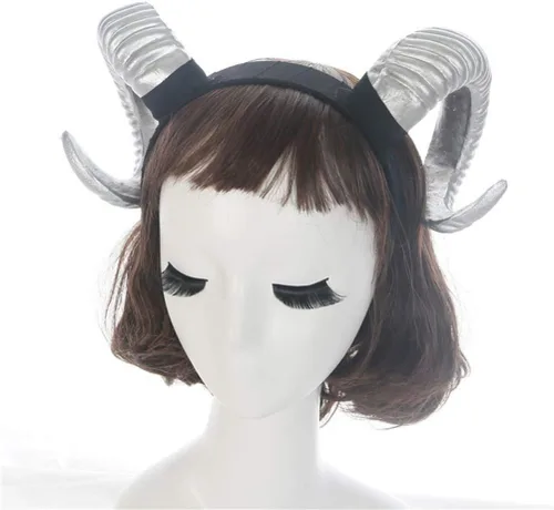 Miniatura 7 de NUOBESTY Diadema de cuerno de oveja, diadema de cuernos de demonio del diablo para disfraz de Halloween, cosplay, accesorios de fotos (plateado)