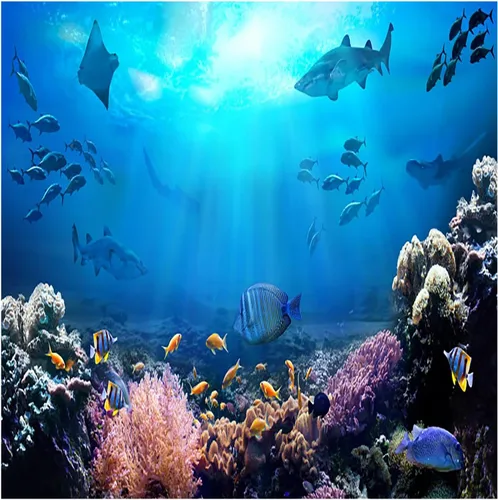 Miniatura 7 de AOFOTO Telón de fondo submarino de 5 x 3 pies para fotografía, acuario, fondos marinos, rocas, luces, coral y peces, escena tropical del océano bajo