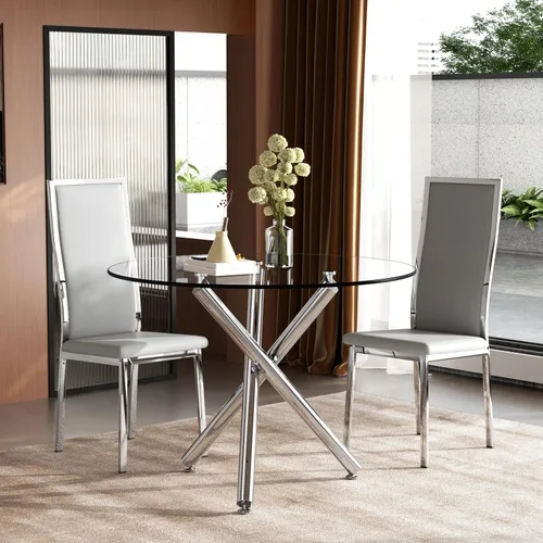 Miniatura 22 de Moderno juego de mesa redonda de cristal para 2, juego de mesa de cocina de círculo pequeño de 36 pulgadas con 2 sillas de comedor de piel sintética