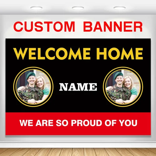 Miniatura 20 de Pancarta personalizada de bienvenida a casa, señal de bienvenida a casa en negro y oro para decoración exterior, suministros de fiesta de regreso