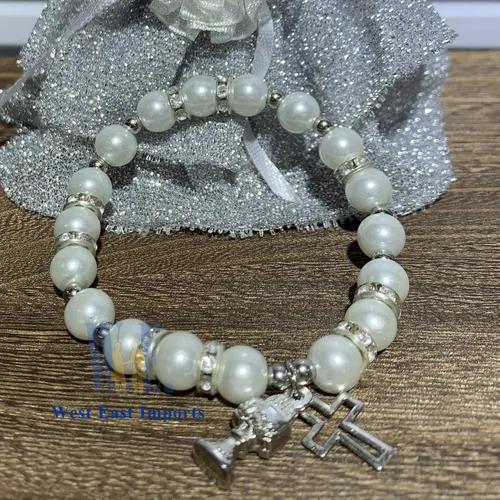 Miniatura 7 de Pulsera de perlas blancas de metal plateado con cruz de cáliz en bolsas de regalo de organza con flores y cintas/Recuerdos para Primera Comunión