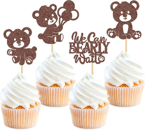 24 piezas de decoración para cupcakes con temática de "We Can Bearly Wait" Oso de globos brillantes, decoración temática de revelación de género,