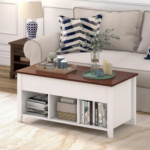 Miniatura 9 de Mesa auxiliar elevable, mesa de té moderna 2 en 1 con compartimento de almacenamiento oculto y 3 estantes de almacenamiento abiertos, mesa central