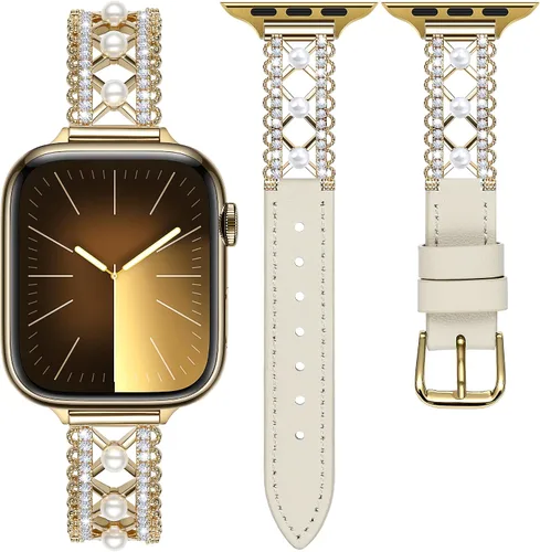 Miniatura 9 de Correa de cuero genuino y joyería para Apple Watch para mujer, elegante pulsera de perlas con circonitas laterales brillantes, correa de iWatch