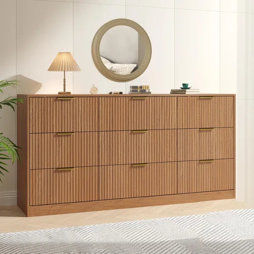 Miniatura 12 de Cómoda negra con 7 cajones, cómoda acanalada de 55 pulgadas de ancho para dormitorio con mango de metal, cómoda, soporte de TV de madera para Negro