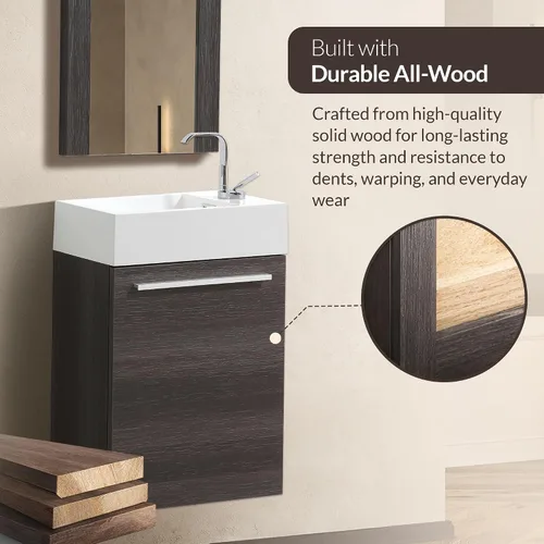 Miniatura 6 de Blossom Tocador de baño pequeño de 18 pulgadas con fregadero, gabinete flotante de madera maciza, resistente a la humedad, fregadero de profundidad