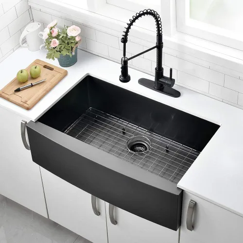 Miniatura 2 de Fregadero de cocina negro de 30 pulgadas con delantal frontal de 30 x 22 pulgadas, acero inoxidable, calibre 16, fregadero frontal curvado