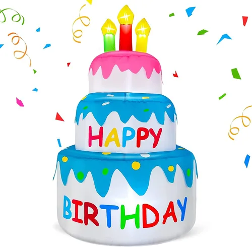 Decoraciones inflables de pastel de cumpleaños feliz de 4 pies para exteriores con luces, decoración hinchable de fiesta de cumpleaños de días