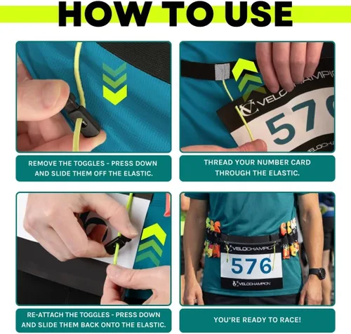 Miniatura 6 de VeloChampion Cinturón Riñonera para Correr – Ajuste Elástico Extensible para Triatlón, Maratón, Ciclismo y Portanúmeros de Carrera, Negro