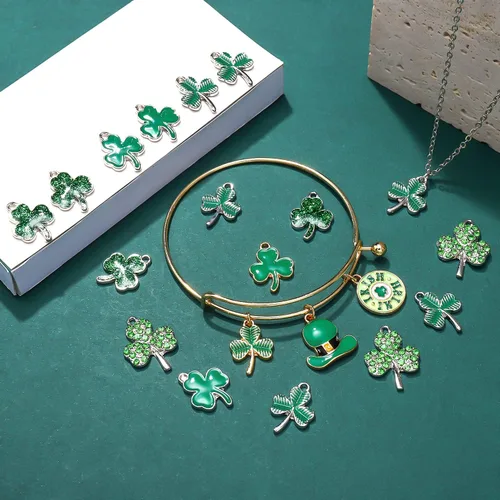 Miniatura 3 de 40 dijes de trébol del día de San Patricio para hacer joyas, varios esmaltes irlandeses con hojas verdes de la suerte, dijes para collares