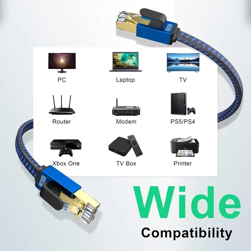 Miniatura 6 de Cable Ethernet Cat 8 de 12 pies, cable de Internet de alta velocidad, cable de red trenzado de nailon, conectores RJ45, cable LAN plano blindado