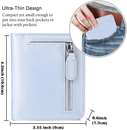 Miniatura 6 de Funtor Cartera de cuero para mujer, pequeña y compacta, con bolsillo doble, bloqueo RFID, para mujer
