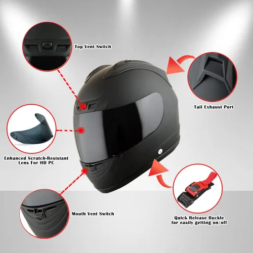 Miniatura 4 de 1Storm Nuevo Casco de Motocicleta de Cara Completa JH901 Negro Mate + Un Escudo Transparente Adicional: JH901