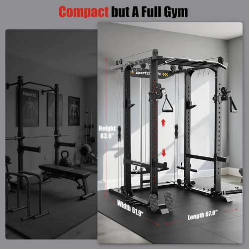Miniatura 6 de Sportsroyals Jaula de Potencia, Rack de Potencia Multifuncional de 1600 libras con Sistema de Cruce de Cable Ajustable y Más Accesorios de Rojo/negro