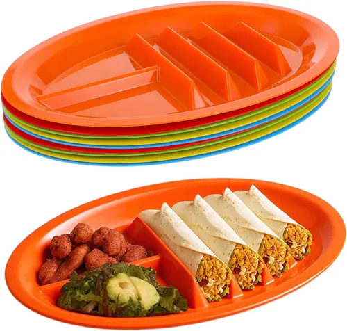 10 platos de plástico para tacos para fiestas, platos de tacos de plástico con divisores, soporte grande para tacos con 2 áreas de inmersión,