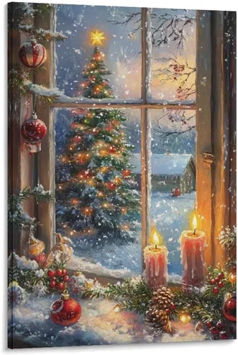 Arte De Pared De Navidad Con Ventana De Invierno, Escena De Nieve, Vela Bodegón, Vintage, Lienzo, Decoración De Cuadros Para Sala De Estar, Estilo