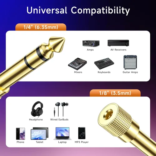 Miniatura 6 de Cable Matters Paquete de 2 adaptadores de auriculares de 1/4 a 1/8, adaptador de 0.250 in a 0.138 in macho a hembra, auriculares estéreo chapados