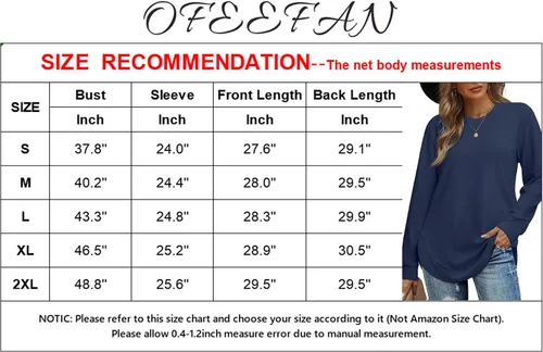 Miniatura 5 de OFEEFAN Sudadera de manga larga con cuello redondo para mujer, dobladillo curvado