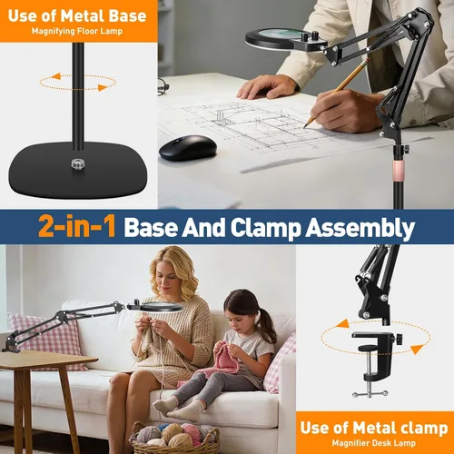 Miniatura 4 de KIRKAS Lámpara de pie con aumento 12X con base para esteticistas de 2,200 lúmenes, lente de cristal iluminada, soporte ajustable y brazo giratorio
