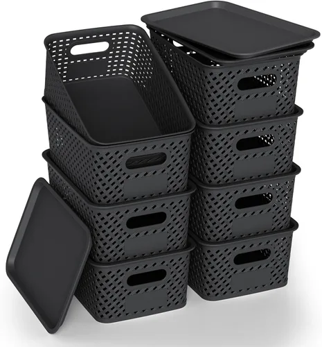 Contenedores de almacenamiento de plástico con tapa, cesta pequeña apilable para organización y contenedores para estantes, cajones, escritorio,