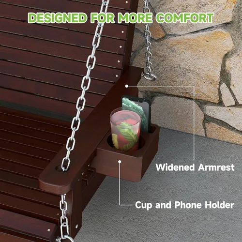 Miniatura 4 de Real Relax - Columpio de madera para el porche delantero, silla colgante de patio al aire libre de 2 plazas con portavasos, banco de asiento