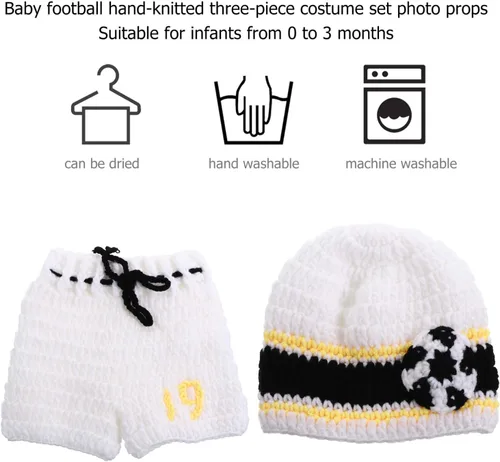 Miniatura 8 de NUOBESTY - Juego de 3 piezas de accesorios de fotografía para bebés recién nacidos de fútbol, ganchillo, traje para bebé, deporte, fiesta temática