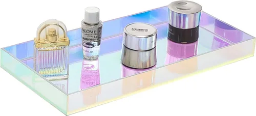 Miniatura 5 de ROYALITA Bandeja de acrílico iridiscente de 10 x 5 pulgadas – Pequeñas bandejas acrílicas para perfumes, bandeja decorativa para encimera de baño