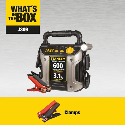 Miniatura 2 de STANLEY J309 - Arrancador de batería portátil de 600 pico de amperios, paquete de mejorador de batería, puertos USB de 3.1A, abrazaderas de batería