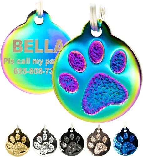 Placa Grabada para Mascotas para Perros y Gatos - Personalizada Frontal y Posterior hasta 4 Líneas de Texto ID Personalizado Grabado, Huella de Pata