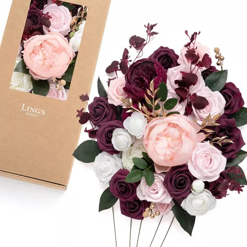 Ling's moment Caja de flores falsas, tallos de vegetación artificiales sintéticos, rosas de espuma, peonías de seda, ranúnculo, flor fábica para