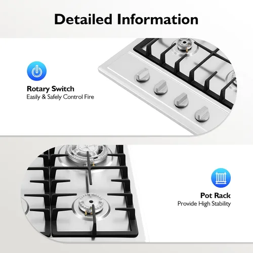 Miniatura 7 de Placa de cocina de gas integrada de 23 pulgadas, estufa de acero inoxidable de 4 quemadores, para conversión de gas natural y propano GLP, aparato