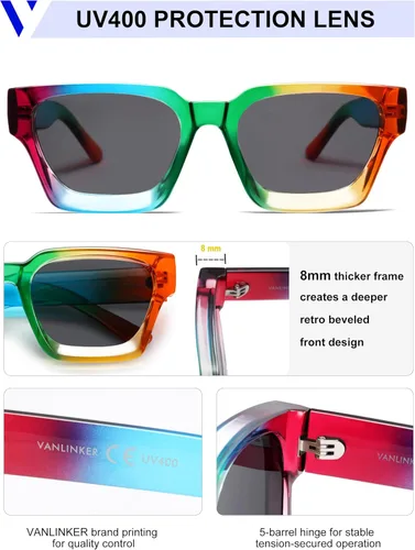 Miniatura 93 de VANLINKER Gafas de sol cuadradas gruesas para hombres y mujeres, retro, rectangulares, con protección UV400, VL9731