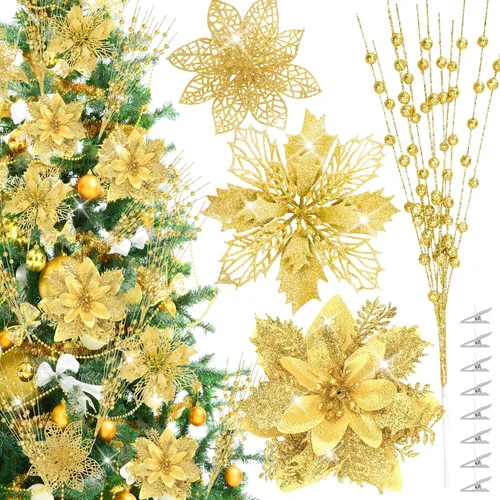 Miniatura 9 de OCTERIC - 30 piezas de flores artificiales de Pascua con purpurina, ramas con bayas para árbol de Navidad, adornos de árbol de Navidad con clips