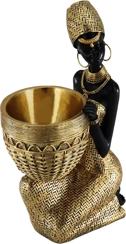 Miniatura 14 de Lescafita Escultura de mujer africana con cuenco de hoja de oro, figura de resina hecha a mano, estatua de arte tribal exótico para sala de estar