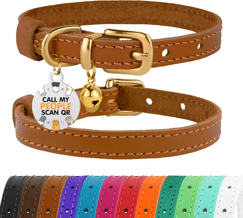 Miniatura 31 de BRONZEDOG Collar de cuero para gato con campanas extraíbles sin liberación rápida, etiqueta QR para gatito para niña y niño